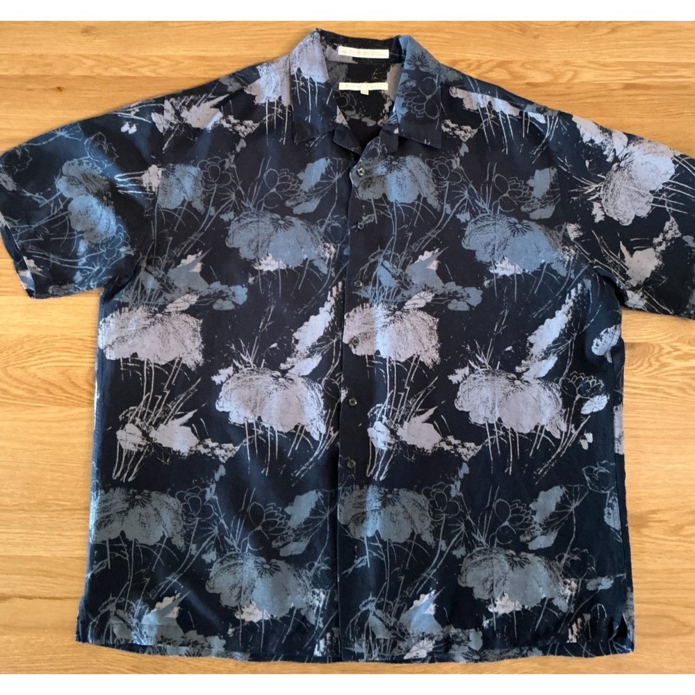Perry Ellis Linen Rayon Shirt XXL Blue Painterly Floral Botanical Short Sleeve